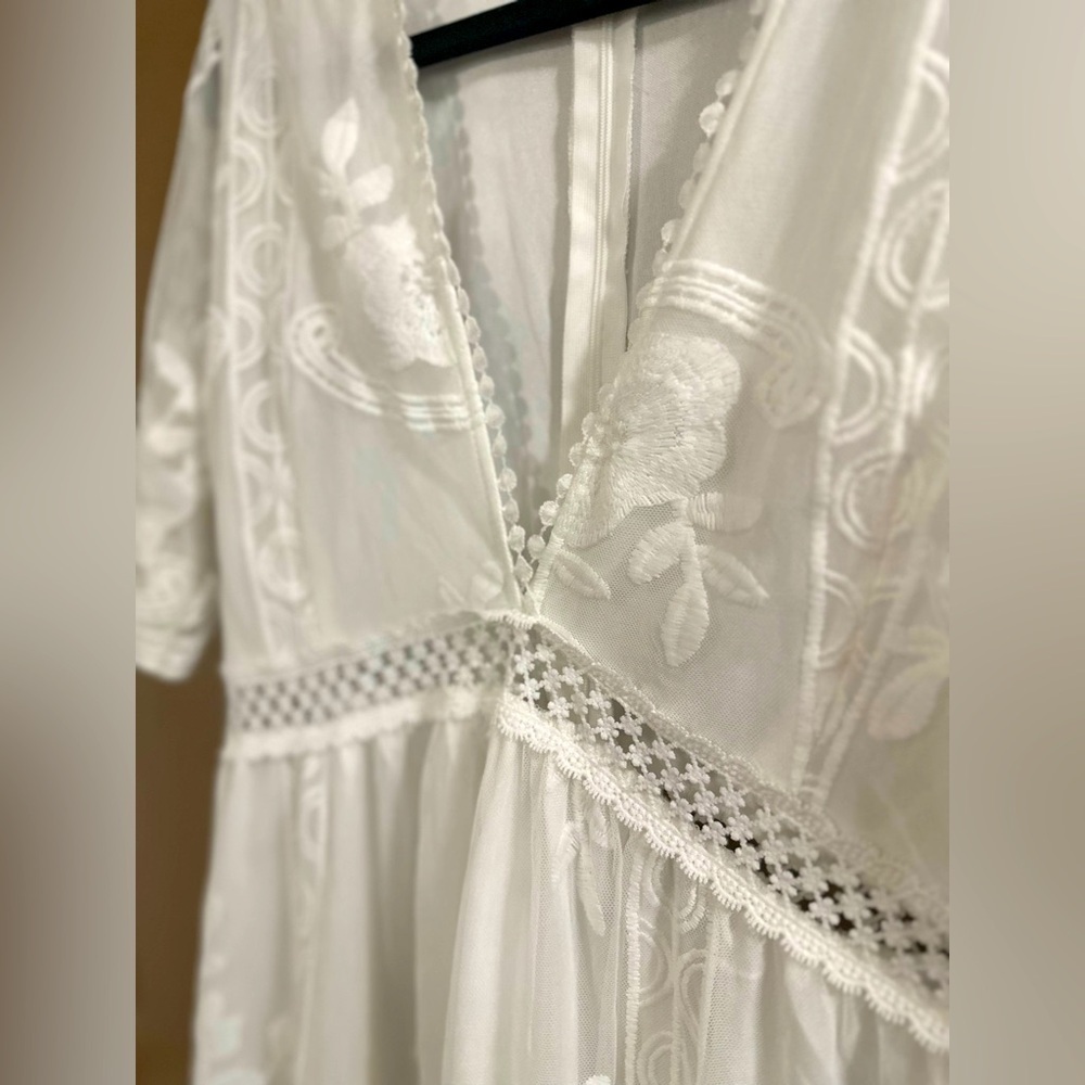 Ivory Floral Embroidered Lace Boho Maxi Dress Deep V-neck Fairycore Cottagcore. - Picture 8 of 14